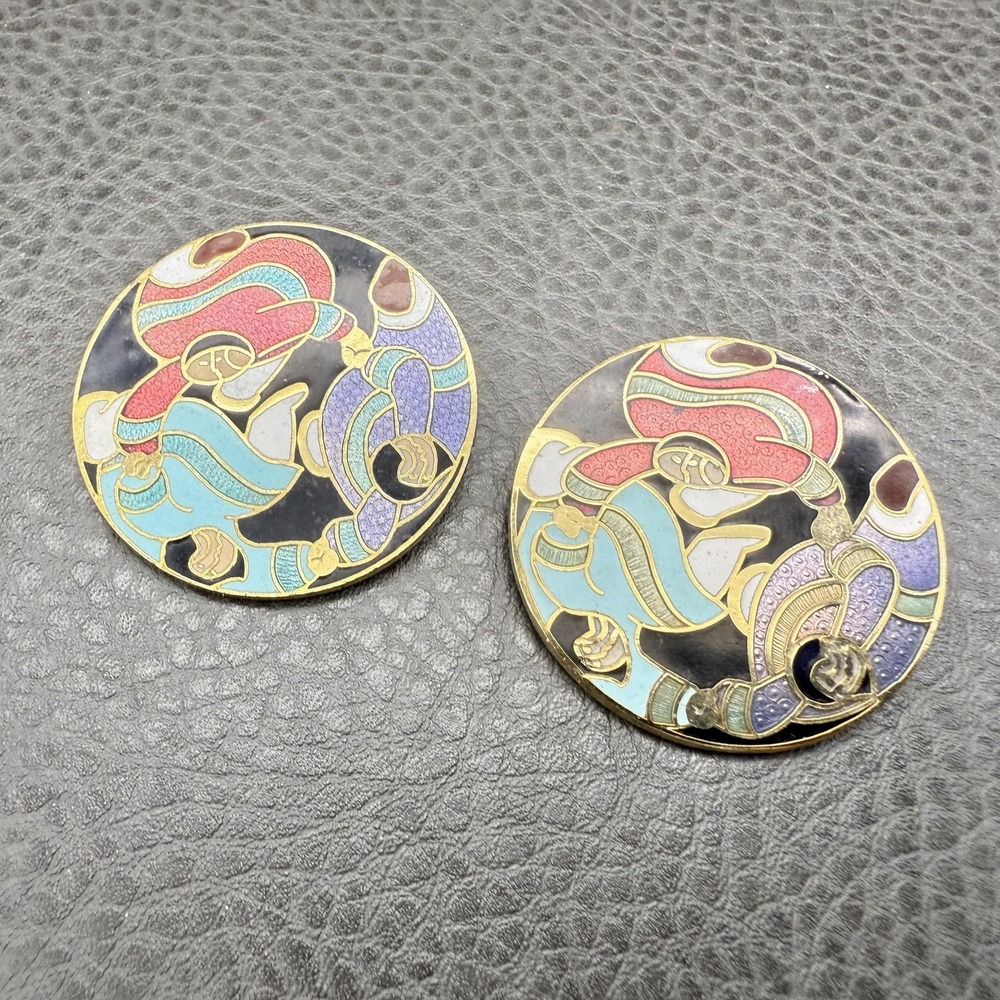 Vintage Barbara Lavallee Pins Set of 2 Cloisonné Enamel Round Brooches 1.5 Inch